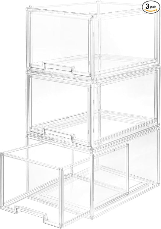 AZ.MIFENO Large Stackable Storage Drawers,Clear Thickened Drawer Organizers with Pull-Out Drawer for Skincare,Cosmetics, Ideal for Closet,Bathroom,Kitchen Undersink,Cabinet,Toy Organization (3 Packs) by Unknown
