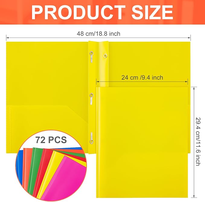 Cholemy 72 Packs Pocket Folders with Prongs Heavy Duty Plastic Folder with Business Card Slot 3 Prong Fasteners for School Office (Vivid) - Image 2
