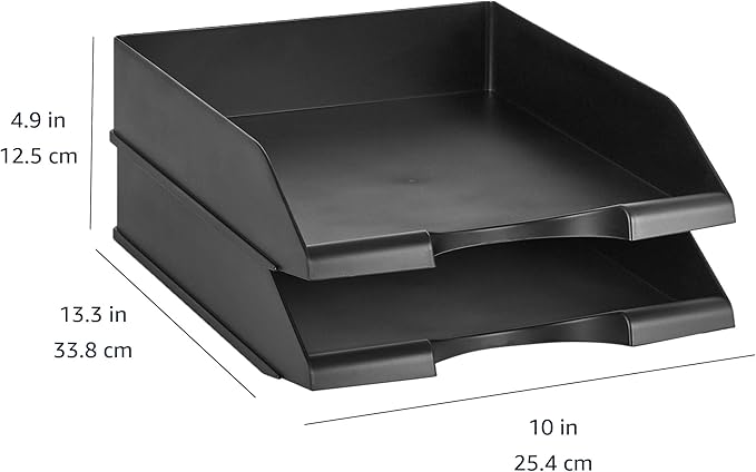 Amazon Basics Rectangular Stackable Desk Organizer Office Letter Tray, File Storage, Paper Organizer, Black, 2-Pack - Image 4