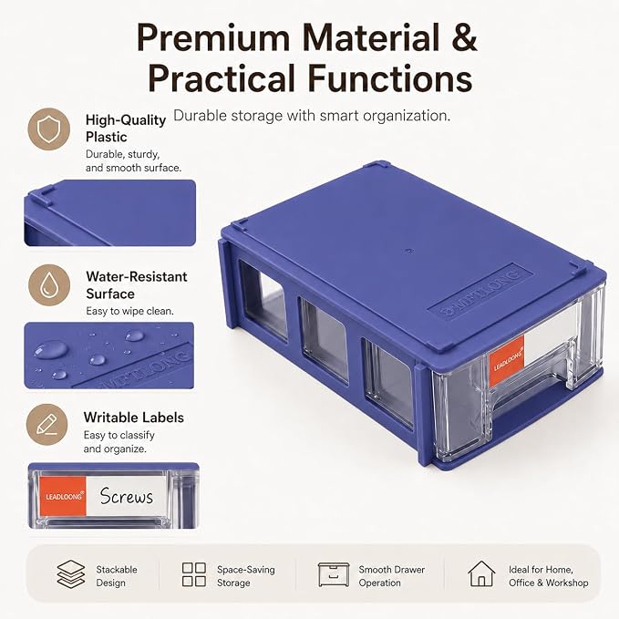 16pc Stackable Plastic Storage Drawers Mini Desk Organizer Blue | Versatile mini desktop storage box 5.5x3.4x1.6", perfect for garage, home, school and office craft organization. - Image 4
