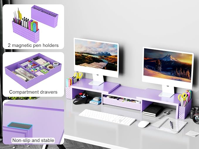 Spacrea Metal Desk Organizers and Accessories, Dual Monitor Stand Riser with Drawer and 2 Pen Holders, Desk Accessories & Workspace Desktop Organizers for Office Supplies (Purple) - Image 6