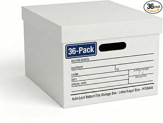 BOX USA File Boxes with Lids and Handles (36-Pack) - File Storage Boxes for Office Supplies, Book Storage, Moving, and Packaging, Fits Letter and Legal Paper, Removable Lid by BOXUSA