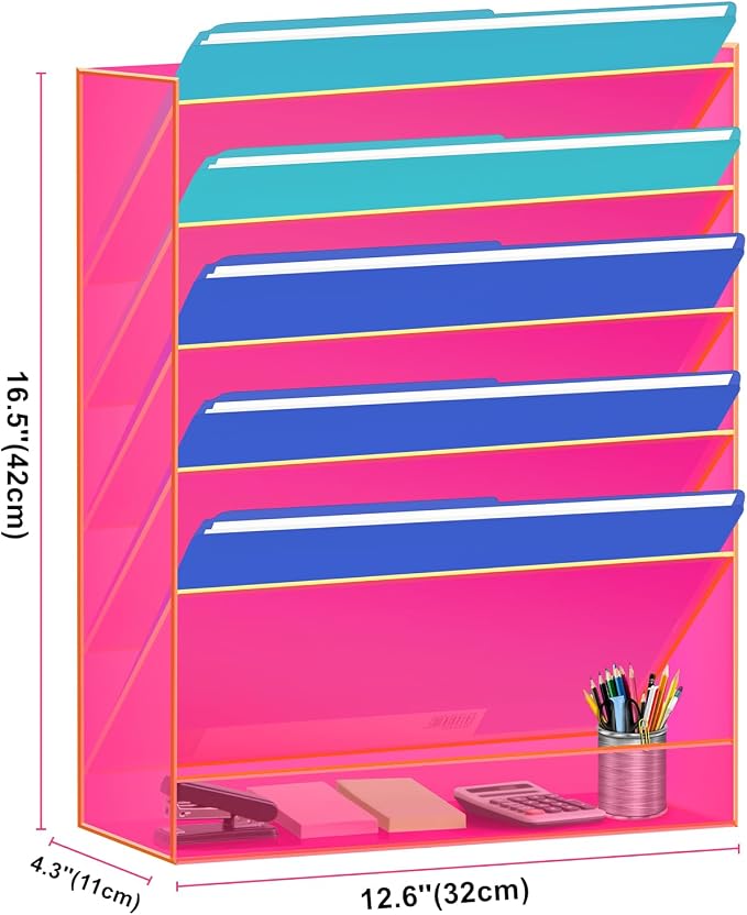 Gelite Hanging File Organizer Acrylic Wall File Holder for Office Vertical Paper Organizer Wall Mounted Magazine Rack, 5 Pockets, Neon Pink - Image 2