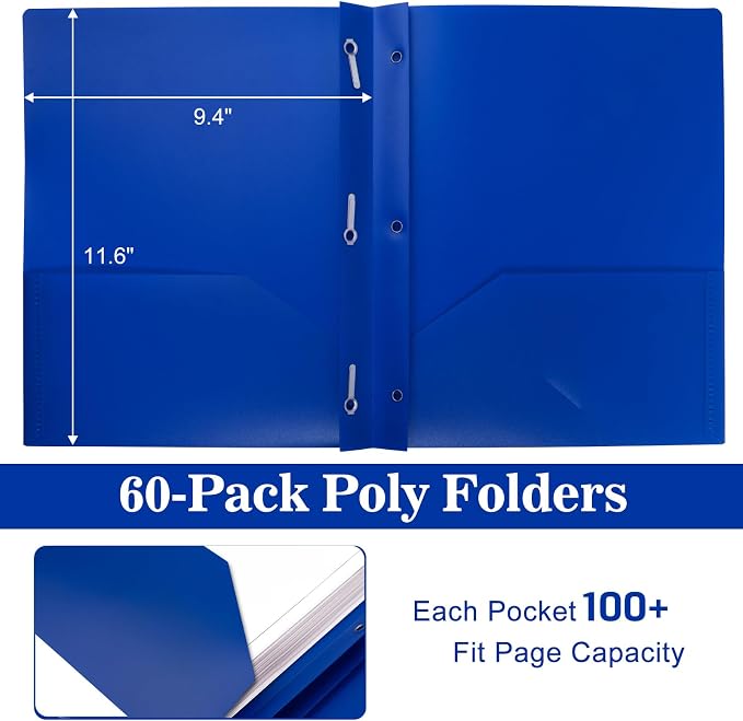60-Pack Plastic Folders with Pockets and Prongs,2-Pocket Folders with 3 Fasteners, Poly Folders Holds 8-1/2" x 11" Paper for School/Office/Home, Assorted - Image 2