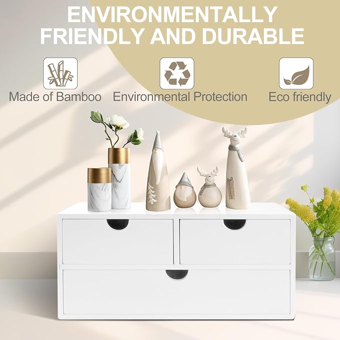 Charmewooden Bamboo Desk Organizer with 3 Drawers, Countertop Organizer with Drawers Makeup Storage Drawer 3 Drawer Tabletop Storage Organization Box Home Office Workspace（White） - Image 4