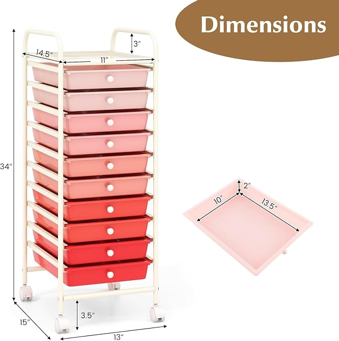 Storage Cart, Rolling Utility Cart with 10 Drawers, Portable Handles & Lockable Wheels, Mobile Paper Toys Storage Organizer Large Capacity for Home Office School Teacher (Gradient Pink) - Image 3