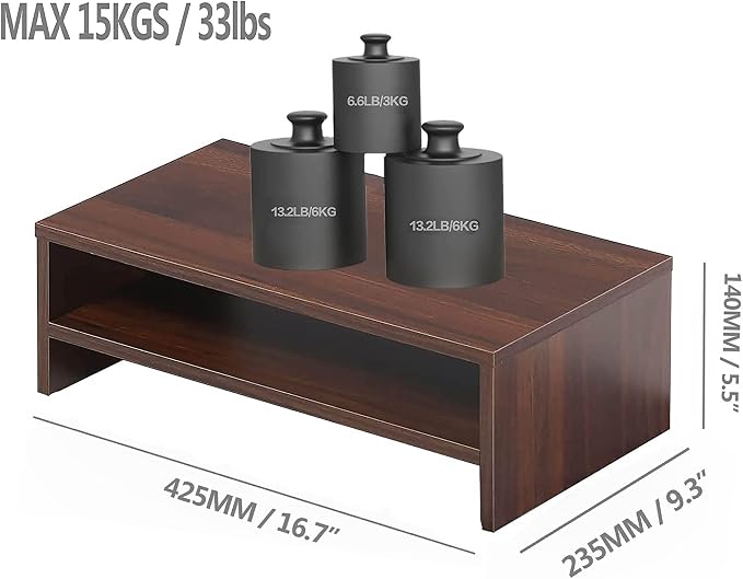 FITUEYES Wooden Monitor Stand Riser, 2-Tier Desk Storage Shelf, Brown | 16.7-Inch Desktop Organizer Fits Laptop, Computer Screen and Office Supplies - Image 6