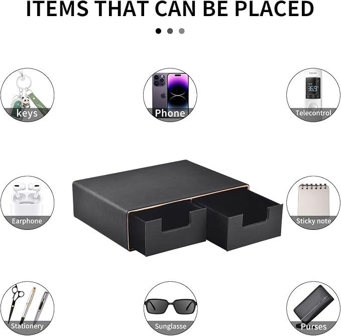 Linen Leather Desk Organizer and monitor stand with Drawers－Mini Desktop Drawer Organizer Stackable－Tabletop Organization Storage Box for Office Supplies Home Vanity Toiletries (Black, 2-drawers) - Image 7
