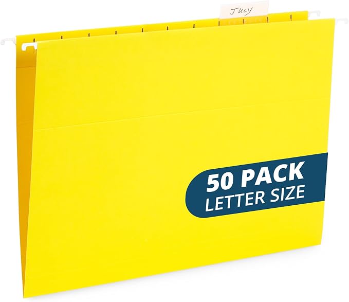 Blue Summit Supplies 50 Hanging File Folders, Letter Size, Yellow | Reinforced letter size, 1/5 cut tabs, plastic tabs and inserts included, for filing cabinet, home, and office by BlueSummitSupplies