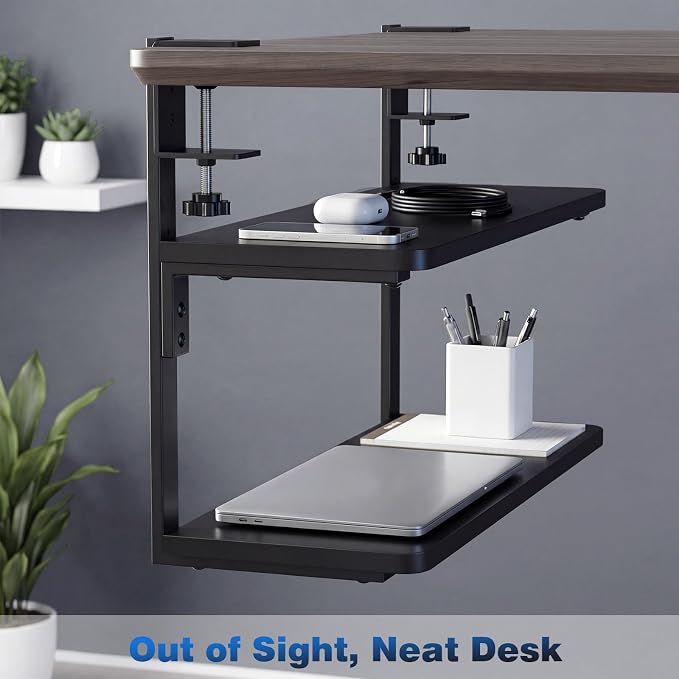 2-Tier Desk Extender, 22-inch Clamp-On Desk Shelf, Height-Adjustable Desktop Shelf Organizer for Monitors Office and Gaming Accessories, Arm Support Table Extension, Black - Image 7