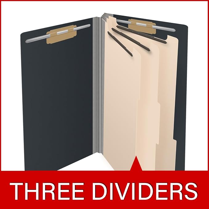 Ecom Folders End Tab Pressboard Classification Folders | Legal Size 25 Pt Type III Stock with 3 Dividers & 3" Tyvek Expansion | 2 Fasteners Pos 1 & 3 for Medical & Office Docs | Black, Box of 10 - Image 8