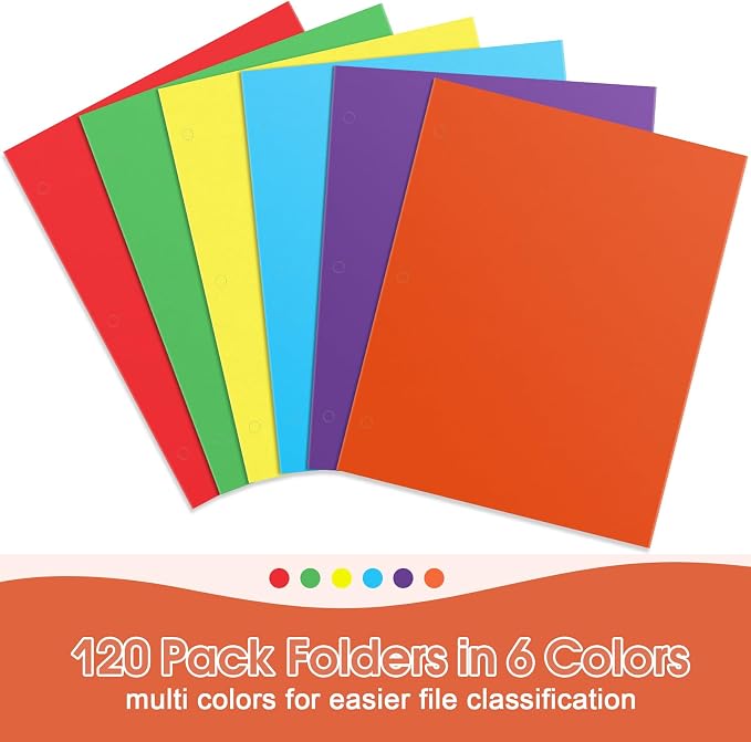 120 Pack Folders with Pockets, 2 Pocket Folder Bulk, Letter Size for School | Assorted Colors, 3 Hole Punched with Business Card Slot, 100 Sheets Capacity, Suitable for Office Home, Back to School - Image 6