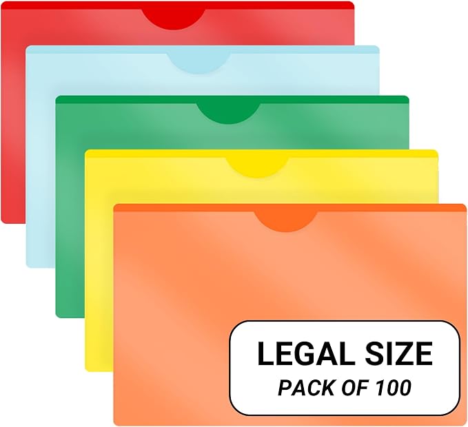 Doctor Stuff- 100 Pack, Vinyl Plastic Pocket File Folders Closed Sides, Legal Size, Clear Front Top Loading Job Jacket, Documents Holder for Office, High School and Medical Files, 5 Assorted Color by DoctorStuff