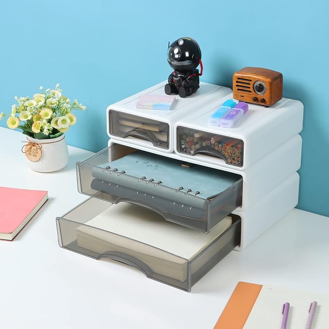 White Desktop Drawer Organizer Unit for Office Paper and Supplies | White, 2 Large & 2 Small Drawers, Plastic Desk Organizer with Mini Drawers, Makeup Organizer, Kitchen Countertop Organizer - Image 2