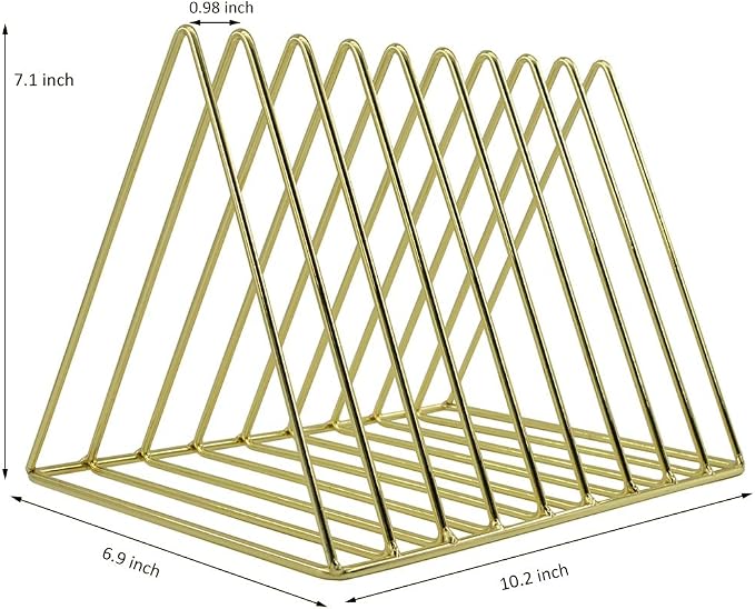 9 Slot Magazine Rack Book Record Holder, Desktop Iron Storage Rack Bookshelf Multifunction Triangle File Organizer Sorter for Decor Home Office, Golden Pack of 2 - Image 4