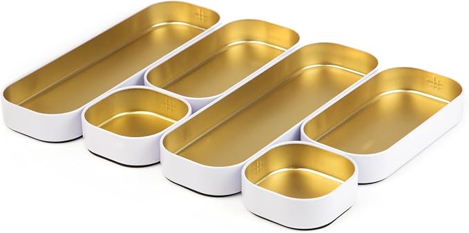 Three by Three Seattle Metal Drawer Organizer Tray Set, 6-Pc, 1" (Gold) | Colorful food-safe metal bins; soft non-scratch base; kitchen, bathroom, vanity, desk, makeup & office drawers by ThreebyThreeSeattle