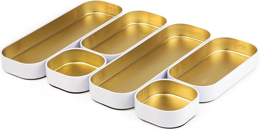 Three by Three Seattle Metal Drawer Organizer Tray Set, 6-Pc, 1" (Gold) | Colorful food-safe metal bins; soft non-scratch base; kitchen, bathroom, vanity, desk, makeup & office drawers by ThreebyThreeSeattle