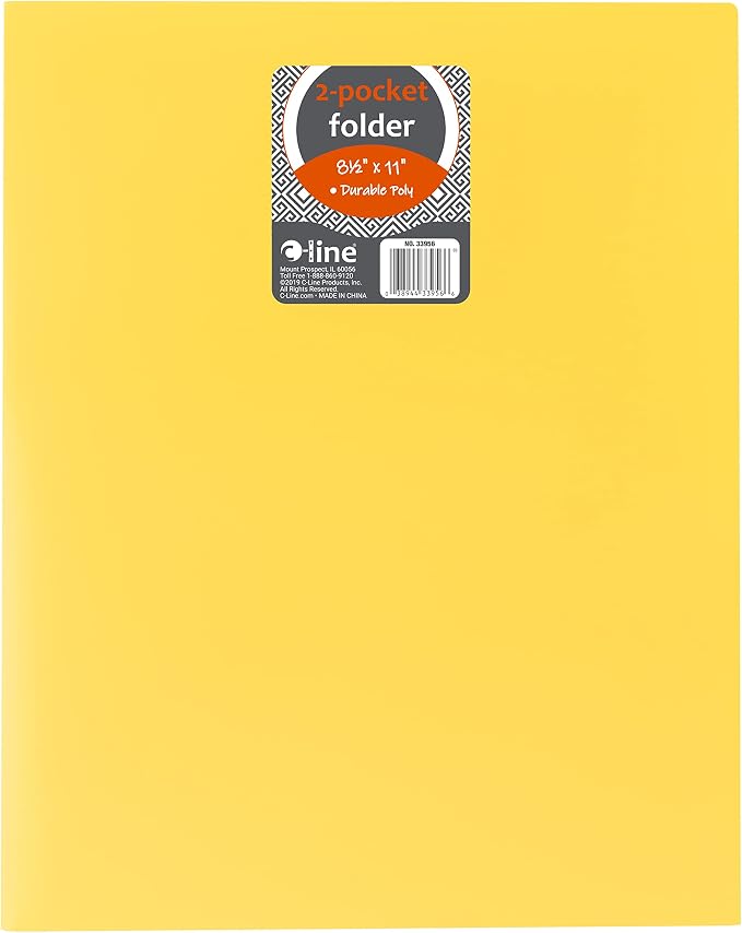 C-Line Two-Pocket Heavyweight Poly Portfolio, For Letter Size Papers, Includes Business Card Slot, 1 Case of 25 Portfolios, Yellow (33956-25) - Image 2