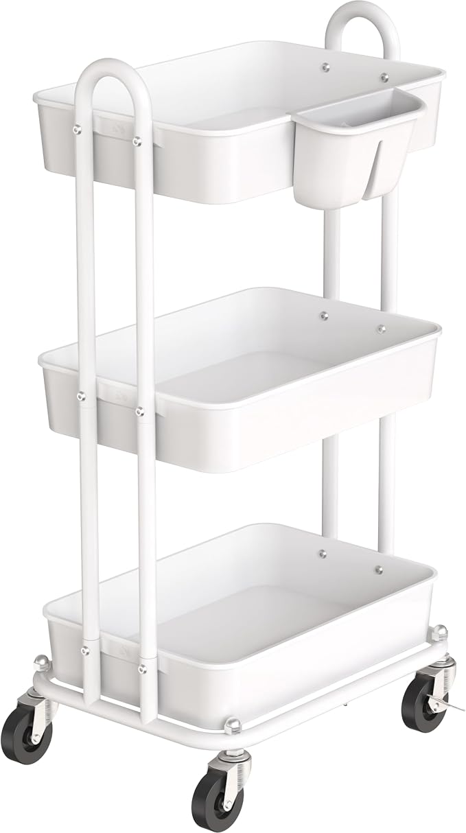 Simple Houseware 3-Tier Rolling Utility Cart with Hanging Bucket, White | Storage for Bathroom, Kitchen, Office, Study Room, Nursery Diaper by SimpleHouseware