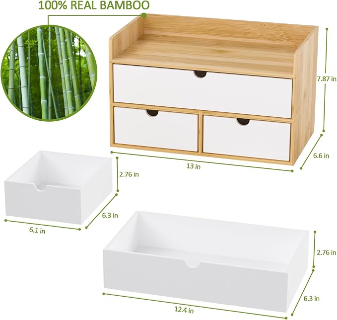 Bamboo Desk Organizer with Drawers, Desktop Storage for Office Supplies | 3 Drawers Desktop organizer, No Assembly Required, Natural Wood Wooden Desktop Drawers Box for Bills, Cosmetics, Seals, Paper - Image 3