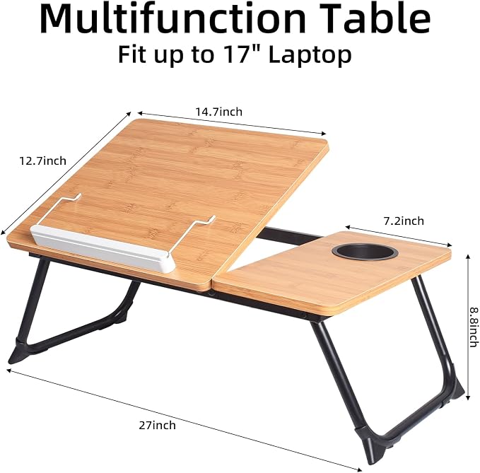 Adjustable Laptop Bed Table with Book Stand, Portable Reading Desk with Side Panel, Wood Grain - Image 6