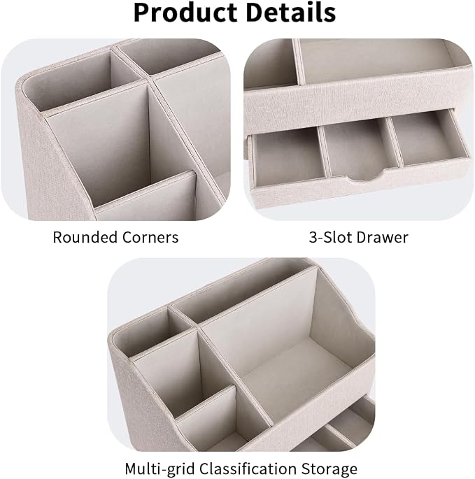 PU Leather Desk Organizer with Drawer, 5 Compartments Desktop Storage Caddy for Office & Home Supplies, Pen Holder for Remote Control, Phone & Accessories, Mail Organizer Countertop(Beige) - Image 4