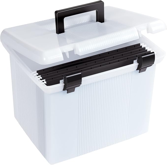 Pendaflex Portable File Box, Frosted White, Hinged Lid with Double Latch Closure, 3 Black Letter Size Hanging Folders Included & Recycled Hanging Folders, Letter Size, Black, 1/5 Cut, 25/BX - Image 2
