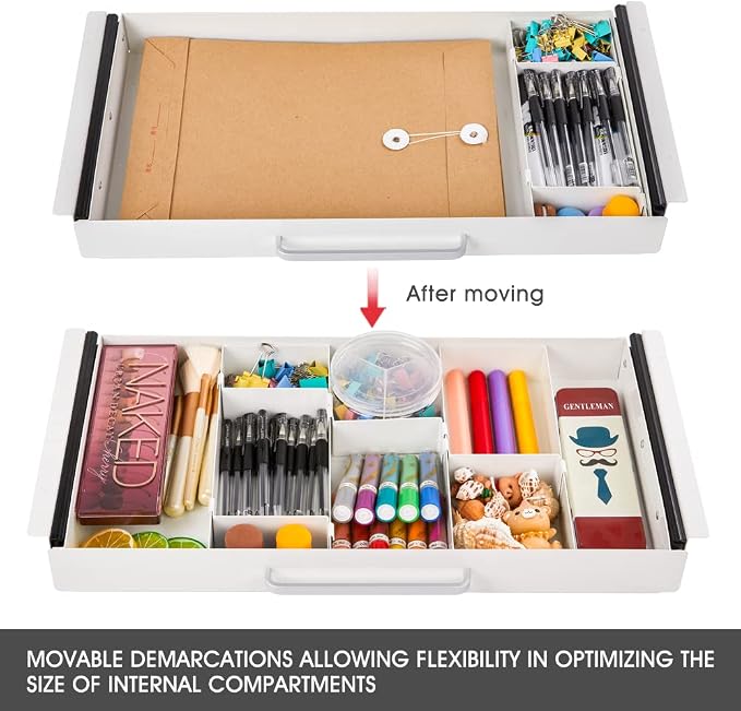 Large Size Under Desk Slide out Pencil Drawer White with Adjustable Space Divider Design for Storing Pencil and Office Accessories, Underdesk Pull out Tray Organizer Mounted for Sit Stand Workstation - Image 3