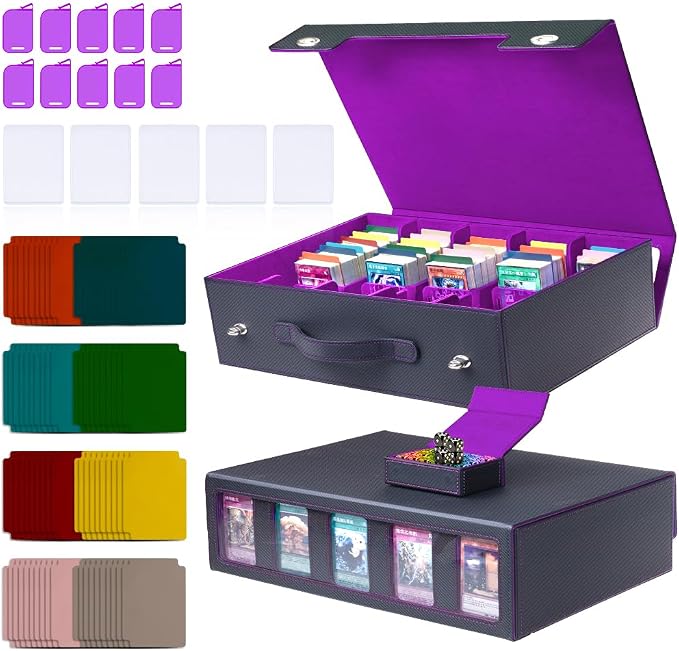 5-Row 3900+ Trading Card Storage Box for MTG, Card Deck Box with Snap-fit Design, 5 Card Sleeves, 10 Stoppers, 80 Dividers and 1 Dice Tray (Black-Purple) by Sesmez