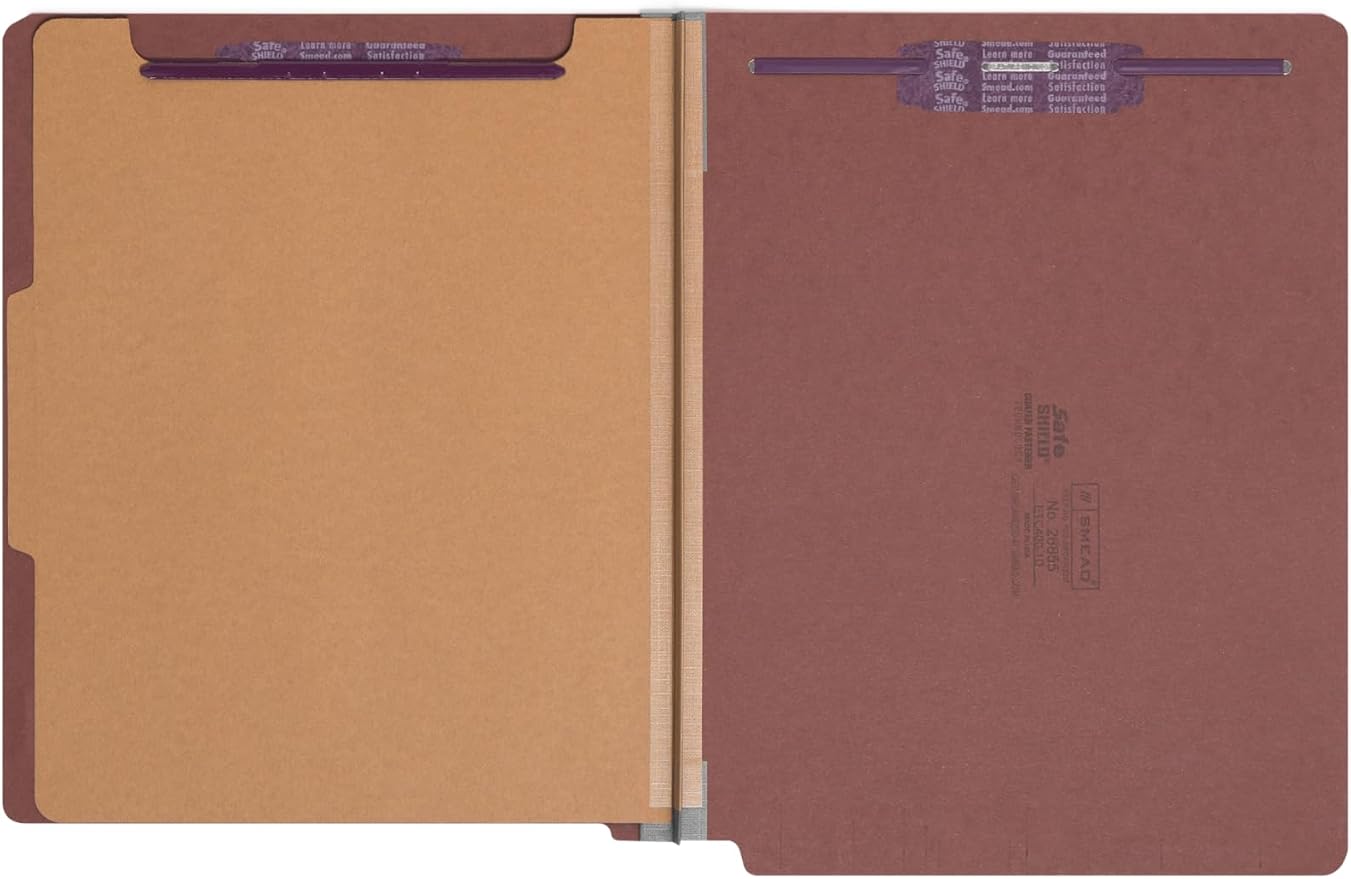 Smead End Tab Pressboard Classification File Folder with SafeSHIELD® Fasteners, Letter Size, 1 Divider, Red, 10 Folders per Box (26855) - Image 2