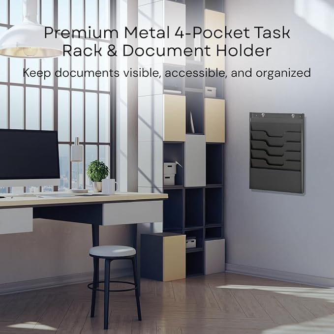 4 Tier Wall Mounted File Organizer, Metal Task Rack for Office Documents, Mail & Folders, Space-Saving Office Wall Organizer, Black 19.5”H - Image 2