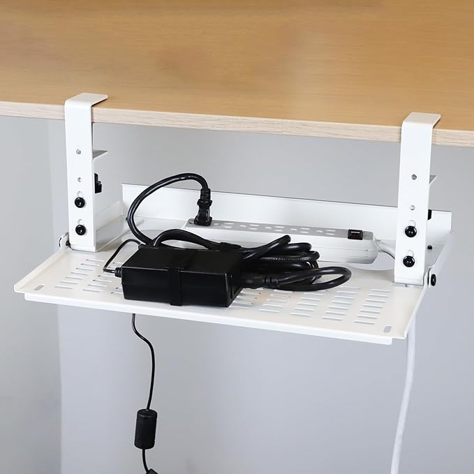 AEONS Universal Under Desk Cable Management Tray-Clamp Mount Hinged Swing Modesty Panel Organizer for Office Desks Easy Access Flip-Down position Power Strip Cord Storage No-Drill 25 lb Capacity White - Image 7