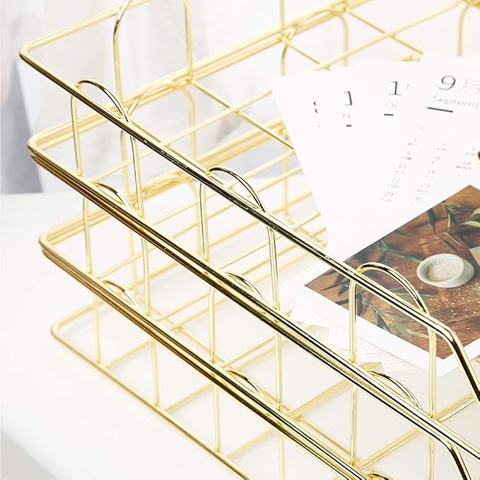 Jolitac Rose Gold 4-Tier Stackable Paper Tray Desk Organizer, Workspace Decorative Stacking Rack Supplies Holder, Metal Letter Trays for File Documents in Home & Office (Gold) - Image 5