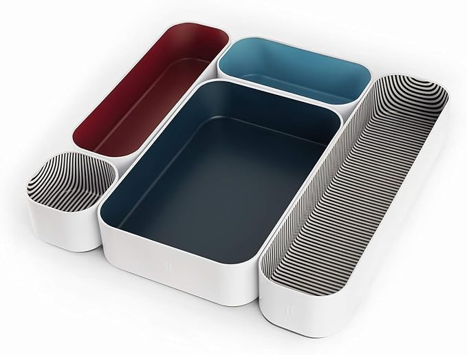 Three by Three Seattle Metal Drawer Organizer Tray Set, 5-Pc (Blue Berry) | Deep 2" food-safe metal bins; soft non-scratch base; perfect for kitchen utensils, tools & bulkier drawer items by ThreebyThreeSeattle