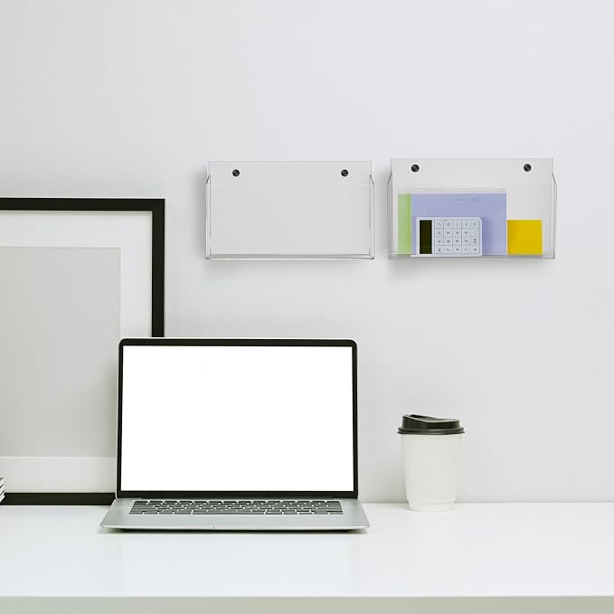 Feifeiya 2Pcs Clear Acrylic File Holder Wall Mount Mail Magazine Organizer File Holders with Screw Wall Office Document Storage Magazine Brochure(14"x8.3"x2.4",Widening Horizontal,Clear) - Image 5