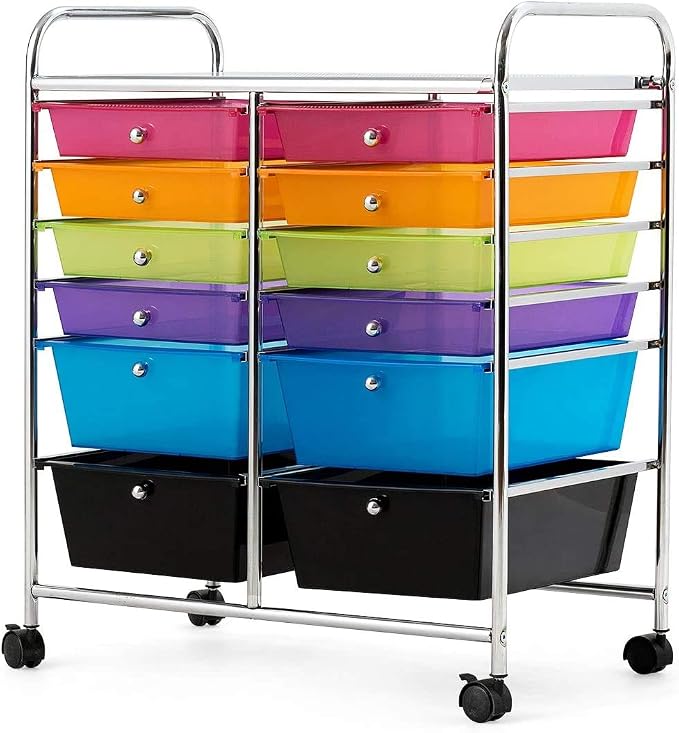Moccha 12-Drawer Rolling Storage Cart - Under Desk Storage Drawers with wheels for Craft Art Supply Paper Salon, Scrapbook Paper Tools, Mobile Utility Cart for Classroom, Colorful by LDAILY