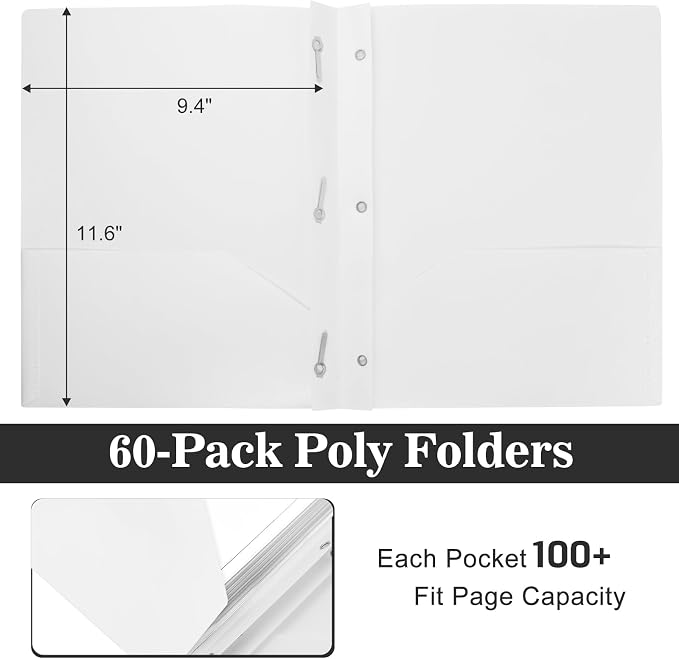 60-Pack Plastic Folders with Pockets and Prongs, 2-Pocket Poly Folders with 3 Fasteners Holds 8-1/2" x 11" Paper for School/Office/Home, White - Image 2