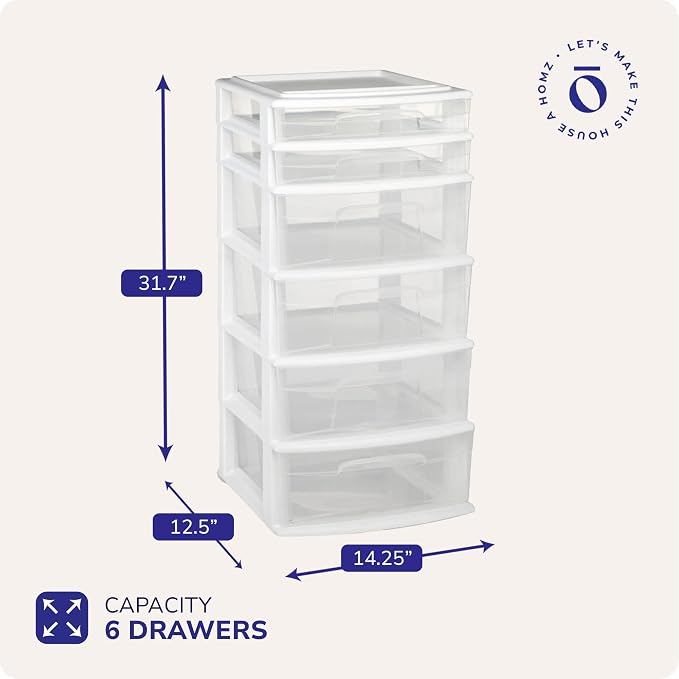 HOMZ Drawer Tower, 6-Tier Storage Cart with Removable Wheels, White Frame | Plastic Organizer with Clear Bin Drawers for Bedroom, Bathroom, Home Office, and Dorm Rooms - Image 3