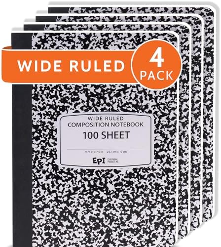 4 Pack - EPI Marble Hardcover Wide Ruled Composition Notebook | 200 Pages (100 Sheets), 9.75 x 7.5 in, Sturdy Sewn Binding | School, Office, Journaling, Notes by EPI