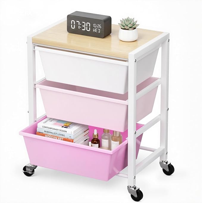 Rolling Cart with 3 Drawers, Plastic Drawer Storage Carts with Lockable Wheels & Wooden Tabletop, Metal Art Craft Utility Cart Organizer for Home Office Bedroom Dorm Bedside Classroom, Bright Pink by TimeForest