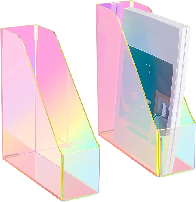 Engrowtic 2 Pcs Iridescent Vertical Magazine File Holder Acrylic Magazine Holder Storage Organizer Plastic Clear Acrylic Rack for Office Classroom Home Document Paper Book Collection Back to School by Engrowtic