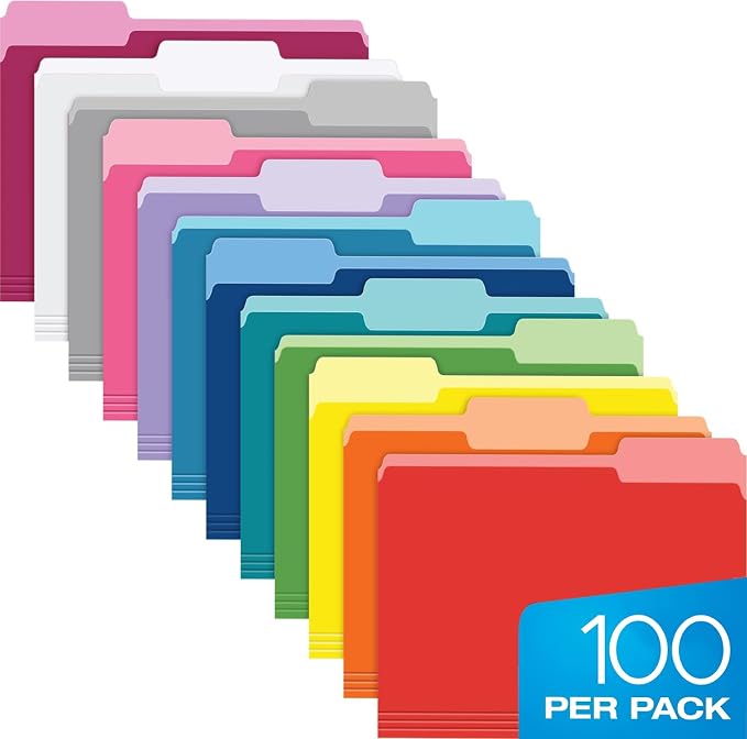 Pendaflex Colored File Folders Letter Size - 100 Pack of 12 Assorted Color Folders for Documents - 1/3-cut Tabs. by Pendaflex