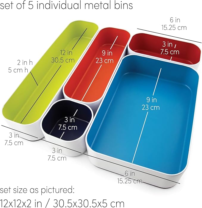 Three by Three Seattle Metal Drawer Organizer Tray Set, 5-Pc, 2" (Assorted) | Deep 2" food-safe metal bins; soft non-scratch base; perfect for kitchen utensils, tools & bulkier drawer items - Image 3