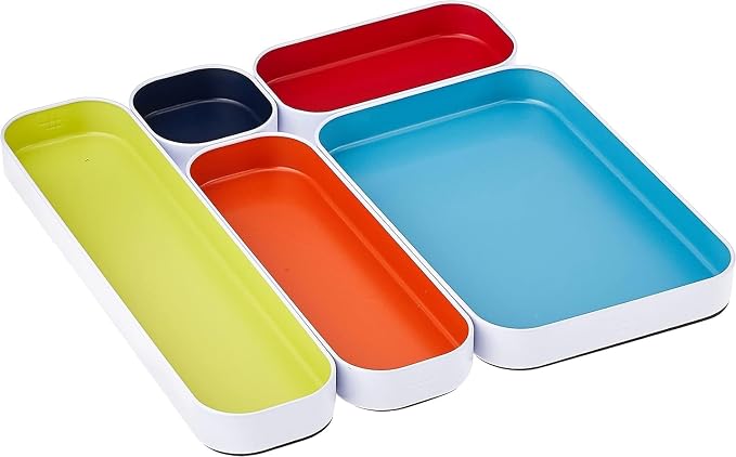 Three by Three Seattle Metal Drawer Organizer Tray Set, 5-Pc, 1" (Assorted) | Colorful 1" metal bins; food-safe; soft non-scratch base; kitchen, bathroom, vanity, desk & office drawers by ThreebyThreeSeattle