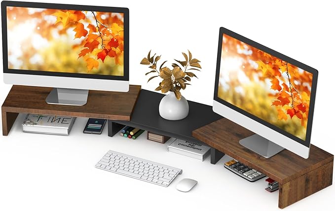 TAVR Dual Monitor Stand Riser, Wooden Computer Monitor Stand for 2 Monitors | Extra Long Multifunctional Desktop Organizer Riser for TV, PC Monitor, Laptop, Printer, Max 43.3" Length, Rustic Brown by TAVRFurniture