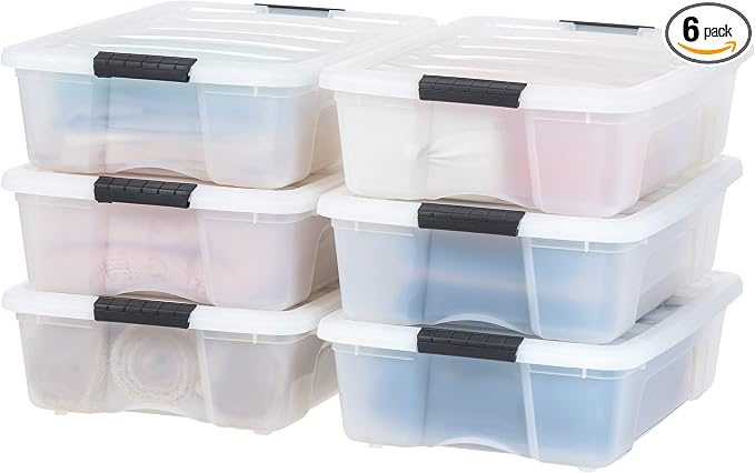 IRIS USA 6-Pack 27 Quart Storage Bins with Lids, Pearl | Conceals contents for a clean look. Great for linens, décor, closet storage, and supplies. Nestable design saves space by IRISUSA