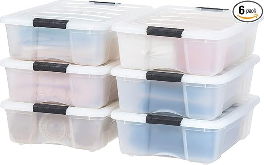 IRIS USA 6-Pack 27 Quart Storage Bins with Lids, Pearl | Conceals contents for a clean look. Great for linens, décor, closet storage, and supplies. Nestable design saves space by IRISUSA