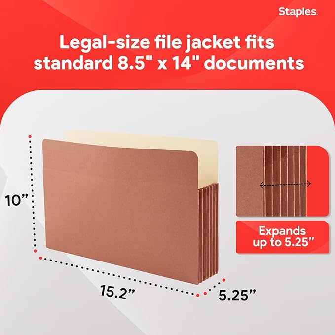 Staples Reinforced File Pockets, Legal Size, 5.25‑Inch Expansion, Heavy‑Duty Brown Accordion Folders with Strong Gussets – 10/Pack | Heavy-duty brown accordion folders with strong gussets for bulky files. - Image 3