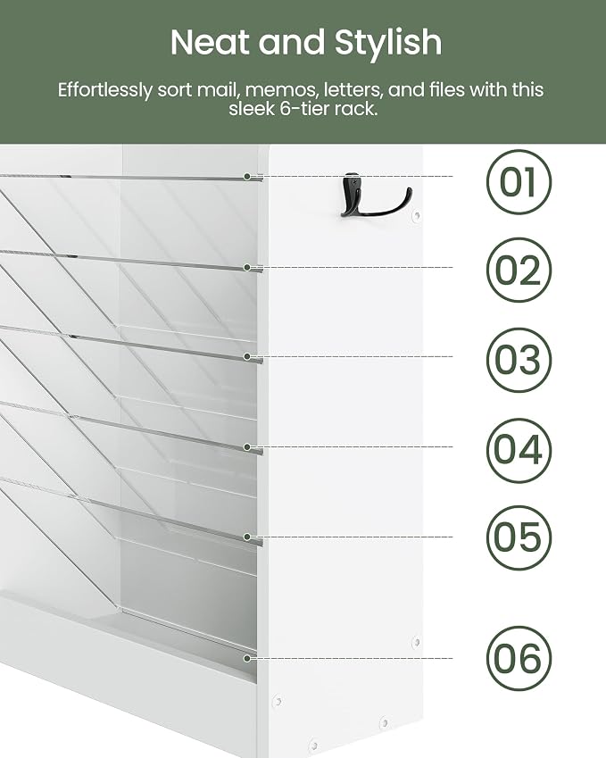 Wall File Holder, 6-Tier File Organizer, Office Supplies Storage Rack, Versatile Desktop Organizer, with Detachable Shelves, with Side Hooks, for Living Room, Study, Home Office, White MWJ02WB - Image 8