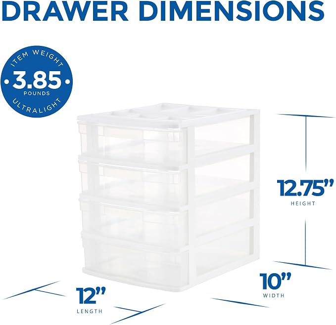 Gracious Living Drawer Organizer, 4-Tier Plastic Storage Desktop Drawers, White Frame - Stackable Clear Desk Containers & Organizers for Shelves, Bathroom, Closet, Kitchen Pantry & Office Organization - Image 7